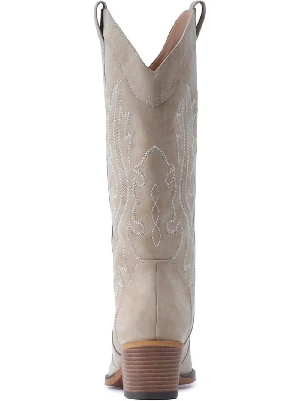 Women's Beige Rubber Mid Calf Embroidered Stitched Pointed Toe Chunky Heel Boots - Picture 5 of 5